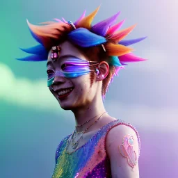 Ultra Realistic photo, medium shot view, drunken sweet dancer Japanese woman, carnival scene, monster hair, steampunk style. Red hair, confeti, smile, happy, festival, ovnis, gradient color fog. highly detailed, concept art, unreal engine 5, ray tracing, RTX, lumen lighting, ultra detail, volumetric lighting, 3d, finely drawn, high definition, high resolution.