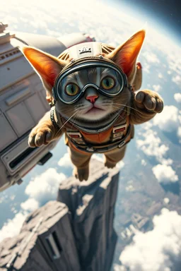 close up on cat captain gremlin paratrooper from spaceship jumping over cliff hang