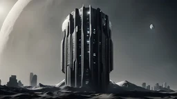 Un grand bâtiment avec le logo de la Weyland Yutani sur la lune. On voit la terre au loin.