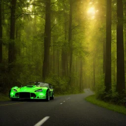 Single extremely detailed realistic sports car (Centered on image), moving on a detailed realistic road in dark woods, clear sky with visible planet, symetrical, HD, 4k, 8k, neon glow, Power colors