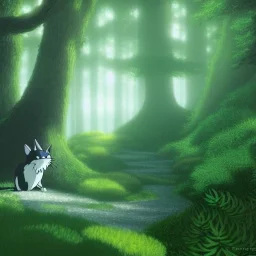 Ghibli, forêt, scintillant, très detaillé, créature mystérieuse