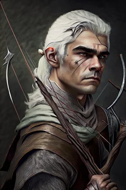 gray hair young medieval man with a longbow