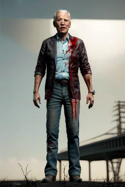 realistic image, joe biden zombie, arm cut and bleeding, amputated leg, night, walking with a limp, waist up view, dark ambient, highly detailed, sky background, concept art, unreal engine 5, god rays, ray tracing, RTX, lumen lighting, ultra detail, volumetric lighting, 3d, finely drawn, high definition, high resolution.