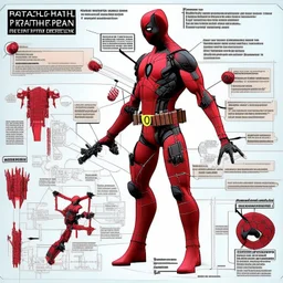 Plastic action figure of Deadpool technical schematic, pivot joint, rotational arrows, plastic action figure "how it works" engineering description, plastic textures