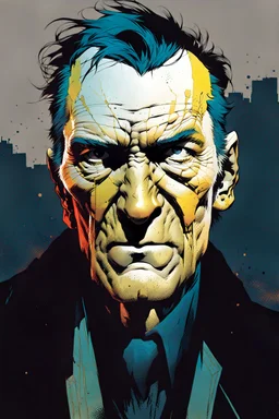 create a full body portrait illustration of a raggedly dressed derelict , with highly detailed and deeply cut facial features, in the comic art style of FRANK MILLER and BILL SIENKIEWICZ, searing lines and forceful strokes, precisely drawn, boldly inked, with gritty textures, vibrant colors, dramatic otherworldly lighting