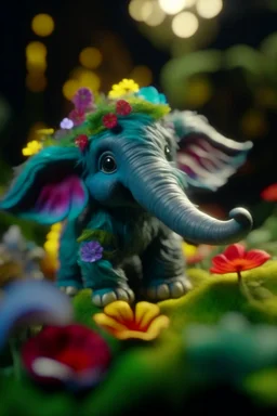 portrait of cute fluffy camo toy elephant jewelry in the room holding weird flowers in his trunk in the style of pixar, on a strange planet with weird colors and waterfalls, bokeh like f/0.8, tilt-shift lens 8k, high detail, smooth render, down-light, unreal engine, prize winning