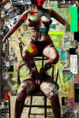 Ultra detailed medium portrait painting of a half naked woman sitting on a chair, no nudity, bended over, dark room with little light coming from an open door behind her, torn up collage of clippings, broken circuitry background, matrix effects, punk visual art, punk art aesthetic, graffiti art, pop surrealism, collage art, cluttered paint glitches