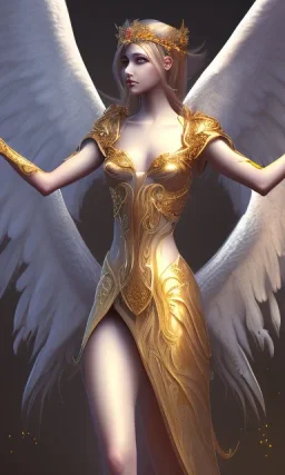 Female angel with beautiful perfect face big wings and golden crown floating above the ground in the dark enviroment, anatomically correct, michelangelo style, detailed, world of warcraft style, dark forest, trees, painting, brush strokes, 8k, dark forest in the background, dramatic camera view