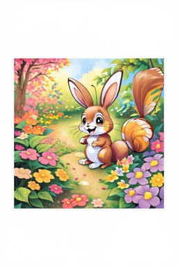 The beautiful butterfly happily sits on a patch of bright green leaves, the bunny and squirrel laughing, colorful garden background , child book illustration style, faces must be the same as reference image