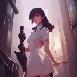 by wlop, ilya kuvshinov, krenz cushart, greg rutkowski, pixiv, sarah j. maas book cover style magician at the end of a corridor, smooth, sharp focus, d & d style, artstation, 4 k, hdr