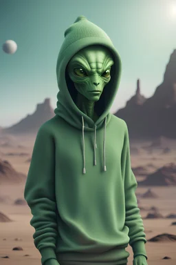 humanlike green alien wearing hoodie and beanie on planet