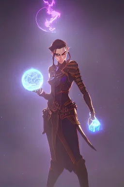 elf wizard holding glowing orb with a ruined castle in the background