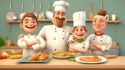 3d illustration of a chef, a boss, a rider, a villager smile together at the kitchen