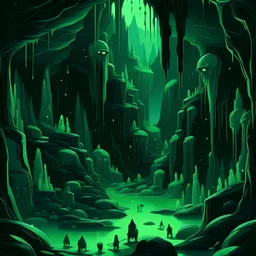 Lord of the Rings, a cavern with orcs and hobgoblins, stalagmites and stalactites, light from algae, nighttime, fantasy poster design. Hyperdetail.