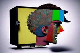 man with head inside a old tv in the style of Eileen Agar