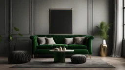 Black interior with green velour sofa, table, fur carpet and decor. 3d render illustration mock up.
