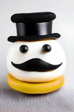 A burger roll with a mustache and a chef's hat.