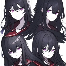 Clear focus, High resolution, rough line sketch art, long black hair, hair between eyes, fluffy hair, purple eyes, wearing a black and red sailor uniform, dark aura