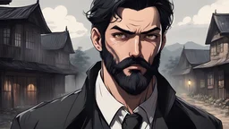 (masterpiece), best quality, expressive eyes, perfect face, Men, 38 years, 176 cm tall, Short black hair, black bearded beard, (masterpiece) draw, horror art style, dark horror style, serious face, investigator, in village and hotel background, draw, anime art style, detective