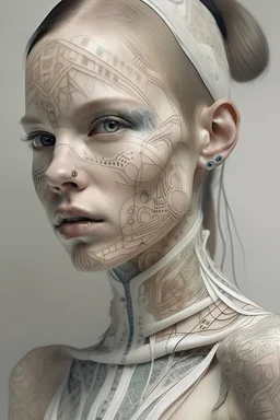 Portrait of a woman, creamy colors, robotic skin, embroidery on skin