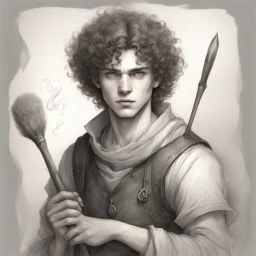 Boceto en grafito: joven varon artista en mundo de fantasía medieval, 22 años. Cabello rizado, ojos miel, pecas. Ropa de época con manchas de pintura. Bolso con materiales mágicos de arte. Pose dinámica, sosteniendo pincel encantado o grimorio. Detalles que fusionan creatividad y magia. Aspecto desgarbado, dientes grandes, desprolijdad