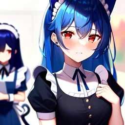 Clear focus, 8k, cat girl, high quality, detailed, blue hair, red eyes, beautiful lighting, vibrant colors, nervous, maid