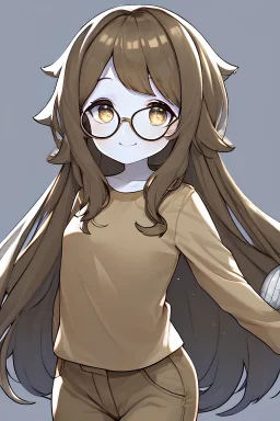sweet shy smiling teenage girl with pale skin, big round glasses, shoulder length hair that hides one of her eyes, beige long sleeve shirt and beige pants, small petite body