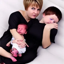 Russian tomboy boyish boylike short man's haircut boyish features in black girlish nightgown mommy in sleeproom with newborn baby