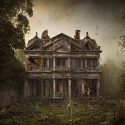 abandoned, two story building, crumbling, debris, weeds, overtaken by nature, 8k resolution, high-quality, elaborate, fine-detail, intricate, baroque, detailed matte, digital art, volumetric lighting, illustration, 3D octane render, brian froud, howard lyon, selina french, anna dittmann, annie stokes, lisa parker, greg rutowski