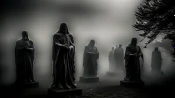 Generate the image: dark, sinister smoke fills the frame, enveloping the viewer in a thick, eerie fog. Within the mist, mysterious and otherworldly sculptures take shape, their outlines vague and ambiguous. The statues seem to have a life of their own, as if they breathe and pulsate with an unknown energy, inviting the viewer to come closer and discover the true nature of their existence.