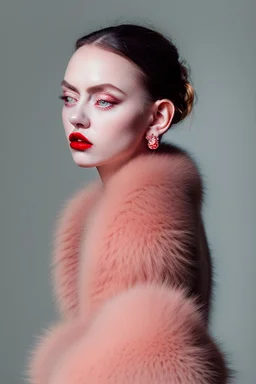 Minimalistic portrait of a beautiful woman with red lips and cold big eyes wearing earrings, a light pink fur coat in a haute couture style isolated on a dark background, cinematic lighting, ultra-realistic, shot in the style of hasselblad