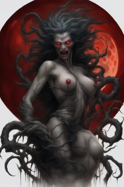 A dramatic digital painting portraying a horror monster under the Red Moon, veins pulsing, claws of temptation visible, soul in turmoil. In the style of Luis Royo and Boris Vallejo, vivid colors, swirling brushstrokes, highly detailed, 8k resolution, surrealistic., juicy emotions, painting, gloomy fantasy, gloomy day, dark world, portrait, oil and graphite, wide strokes, a weaving frame around, by Ryohei Hase, Agnes Cecile, Raymond Swanland, Anne Bachelier