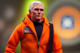 Mike pence G.i. joe toy doll space force uniform inside a blister package hanging on A rack in toystore, fluorescent orange, wide angle shot whole body, black moonboots, Green, space helmet, whole body shot