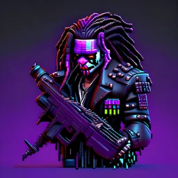 (((((3d pixel art nft style))))) ((( terminator clown with purple dreadlocks wearing a black terminator style leather jacket and shotgun, with a strong focus on the details))) ((((best quality, ultra-detailed, UHD 32k, vector illustration, nft character, trending on all NFT marketplaces, valued at a record-breaking price to purchase nft))))