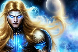 beauty cosmic warrior men with big blu eyes and smiling, wiyh long hair