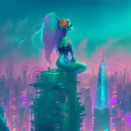 A mermaid perched atop a skyscraper, looking out at the towering neon buildings that jut out of the polluted, smog-filled horizon.