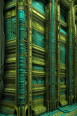 neo-surrealism, straight lines and right angles, golden ratio, parallel wiring, by H.R. Giger, dark Cyan - dark yellow - onyx color scheme.