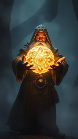 dwarven priest expert holding up a radiant Painite crystal rosette ball shooting radiant light through the fog