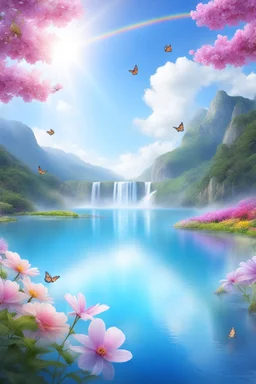 fantastic,Beautiful garden, flowers,rainbows, cascades arc en ciel, papillons colorés