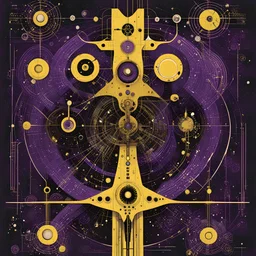 Malice in Weirdland, crossed circuitry textures, abstract surrealism, by Tracy Adams and Graham Sutherland and Ed Reinhardt and Petros Afshar, maximal mind-bending illustration; sci-fi poster art, asymmetric; dark_yellow - dark_purple - white - black color scheme, vertical morse code dots and dashes