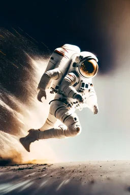 Front view of an astronaut running away franticly