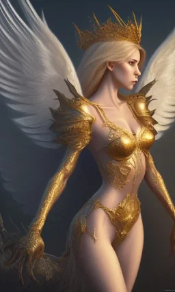 Female angel with beautiful perfect face big wings and golden crown floating above the ground in the dark enviroment, anatomically correct, michelangelo style, detailed, world of warcraft style, dark forest, trees, painting, brush strokes, 8k, dark forest in the background, dramatic camera view