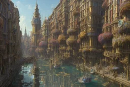 Statue in a niche+Colourful city+Gothic village+European Metropolis on sea+naples alley+Torino square+trieste canals+victorian London+decòpunk Skyscraper+ +steampunk+biopunk+alphonse mucha, greg rutkowski, matte painting, cryengine, hyper detailed, felix kelly, fantasy art, seb mckinnon