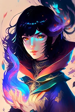anime woman with black hair, mage, colorful