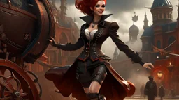 A photorealistic image of a red-haired, slender, witchy woman, winking and smiling, in a one-piece steampunk outfit and stiletto boots, walking through a futuristic city with flying machines.