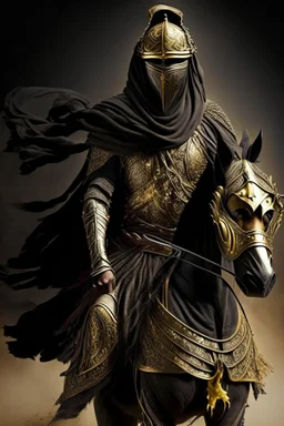 Arab warrior Full Body Full Armored Wearing Face Mask Iron Masculine Mysterious Powerful Fantasy High Quality Carrying his bow Golden clothes His horse behind him