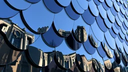 Mirrored steel and smoked glass scales forming a building that appears to shift colors depending on the angle.