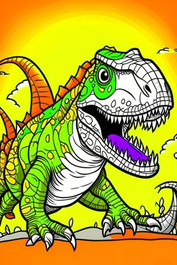 create a coloring page: Illustrate a T-Rex puffing out its chest and spreading its arms to make itself appear larger and more intimidating to intruders. T-Rex with bold colors to enhance its size. ink drawing clipart, simple line illustrations, colored