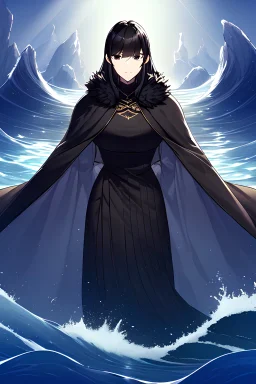 is a tall woman, with long black hair that cascades in waves down her back. She has deep black eyes. She wears black and black clothing, with long flowing capes and dresses.