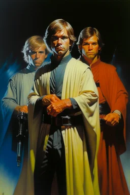 1970's dark fantasy cover dnd style oil painting of luke skywalker, obi-wan kenobi and han solo wearing sport outfits with minimalist far perspective. Magazine.